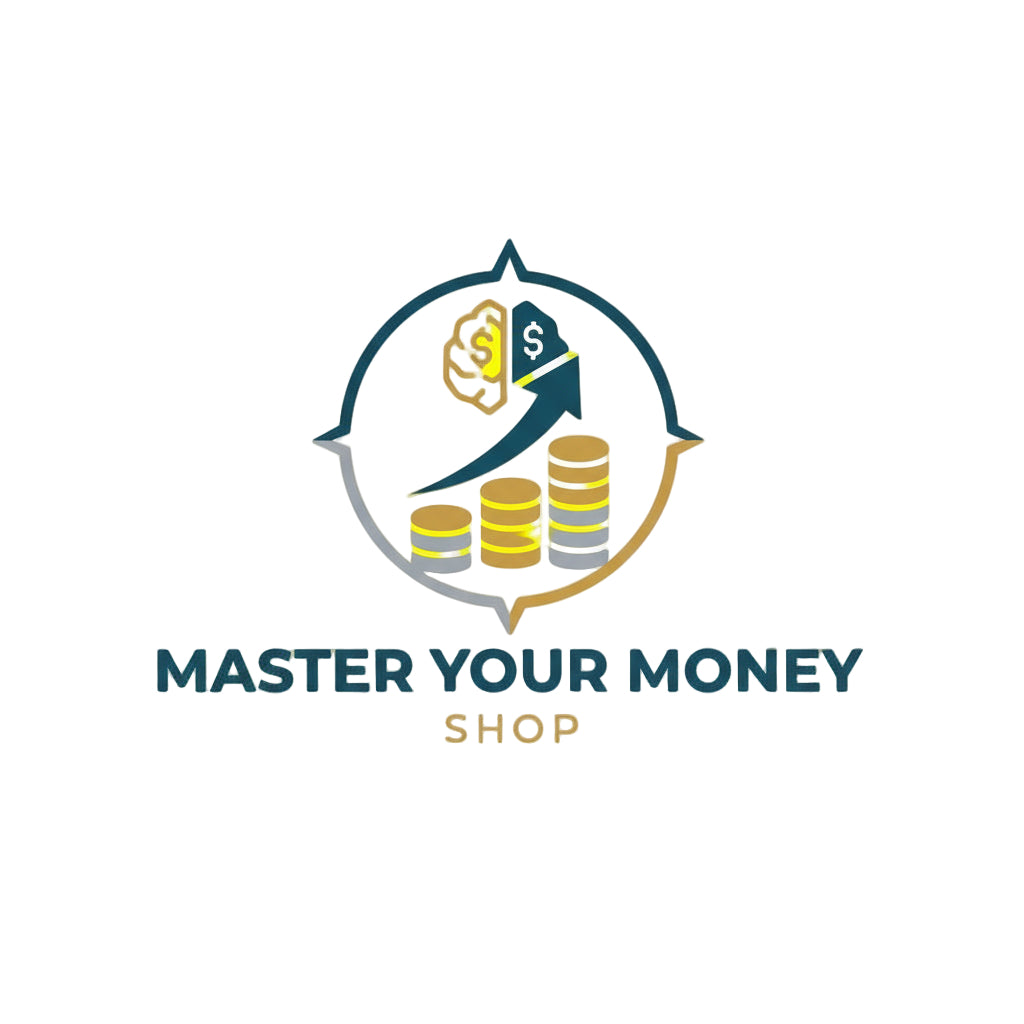 Logo for 'Master Your Money Shop' with a compass, money bag, and coins on a white background.